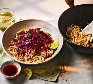 Tahini noodles with red cabbage & peppercorn slaw