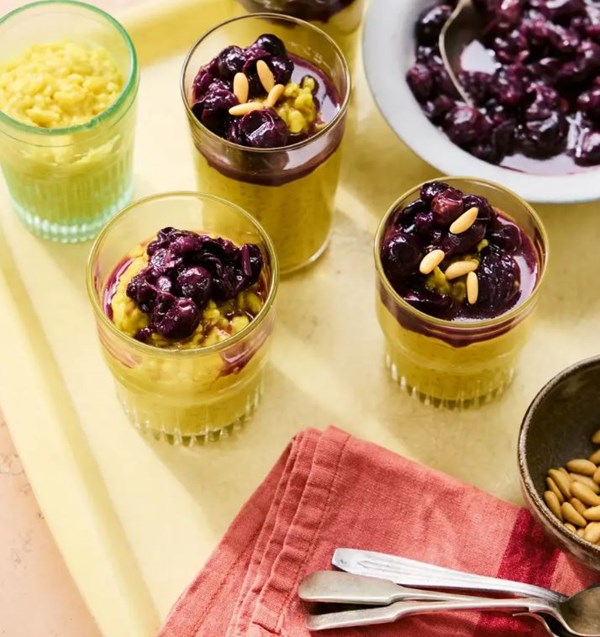 Tahini rice pudding with grape compote (Helou al ruz ma' antebikh)
