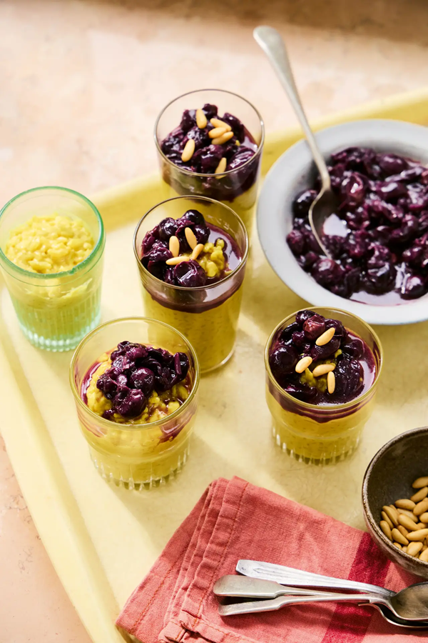 Tahini rice pudding with grape compote (helou al ruz ma'antebikh)