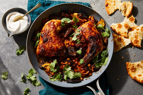 Tahini-rubbed chicken with chickpeas & dates