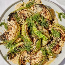 Tahini-smothered charred cabbage