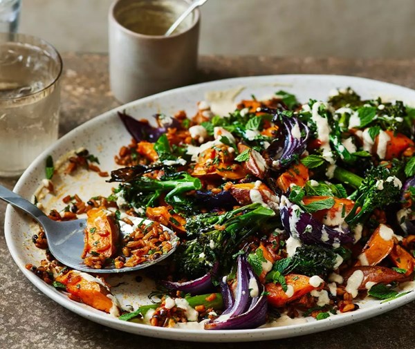 Tahini sweet potato & broccoli salad