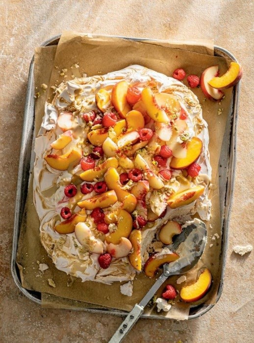 Tahini-swirled Pavlova with summer fruit & halva