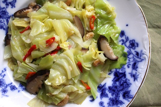 Taiwanese braised cabbage with dried shrimp, chilies, and shiitake mushrooms
