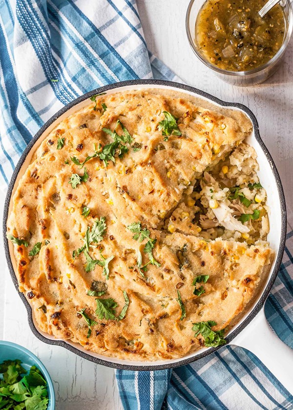 Tamale pie with chicken, green chiles, and cheese
