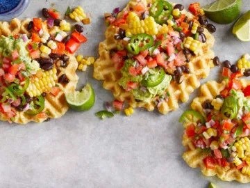 Tamale waffles with black bean hash