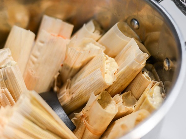 Tamales with red chili and chicken filling