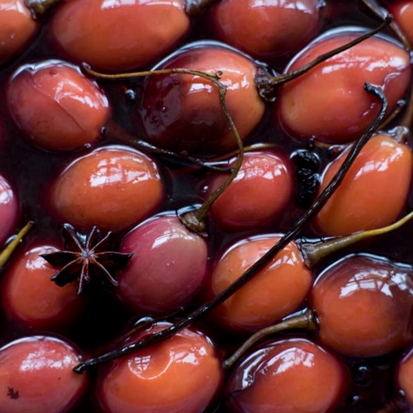 Tamarillos in star anise & red wine syrup