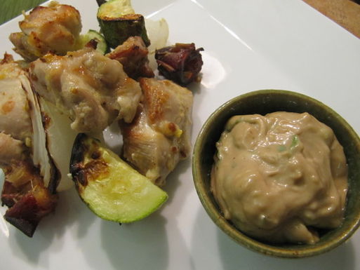 Tamarind aioli with spiced coconut chicken kebabs