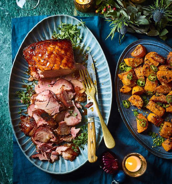 Tamarind-and-ginger jam-glazed ham with nutmeg sweet potatoes [Dominic Taylor]