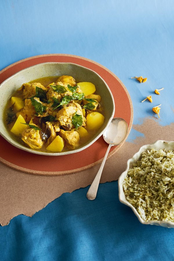 Tamarind chicken curry with curry-leaf rice
