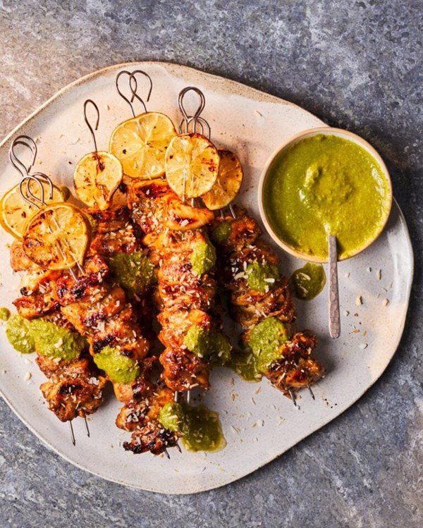 Tamarind chicken skewers with coriander chutney 