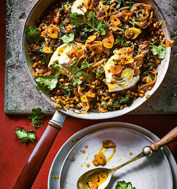 Tamarind greens and mung beans with turmeric oil [Noor Murad]
