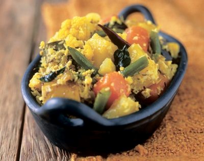 Tamarind-laced vegetables in coconut sauce