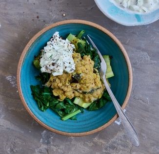 Tamilnadu vegetable and lentil stew with cucumber raita