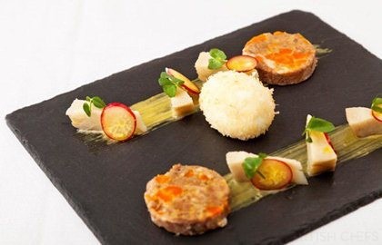 Tamworth pork terrine, roast garlic purée, deep fried egg and artichoke