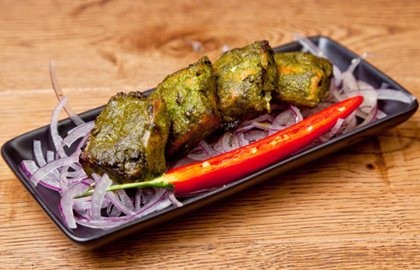 Tandoor-grilled Alaska salmon with lime-leaf and spinach marinade