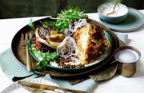 Tandoori cauliflower with cashew yoghurt and lentil salad