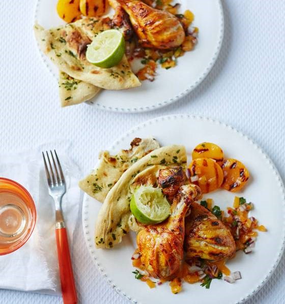 Tandoori chicken drumsticks with salsa and griddled apricots