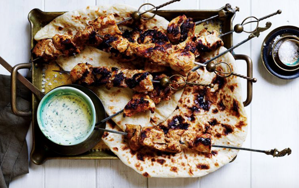 Tandoori chicken skewers with mint yoghurt dressing