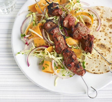 Tandoori lamb skewers with crunchy slaw & raita jan