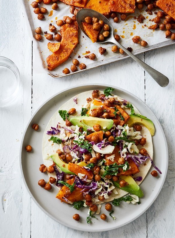 Tandoori roasted pumpkin and chickpea tortilla wraps