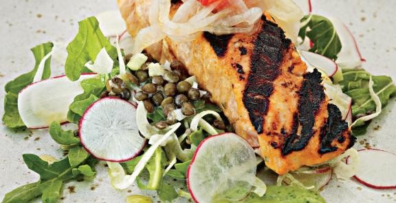 Tandoori salmon salad with pickled cippolini onions, cucumber raita, and marinated lentils