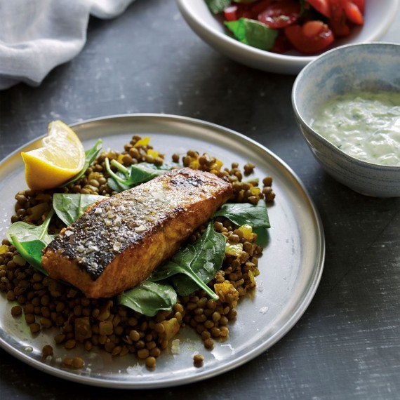 Tandoori salmon with spiced lentils and raita