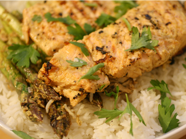 Tandoori-style charred salmon and vegetables