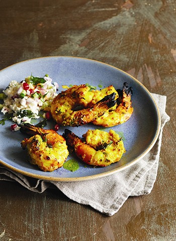 Tandoori-style king prawns and yoghurt rice