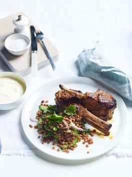 Tandoori-style lamb with red lentils, coriander and cucumber