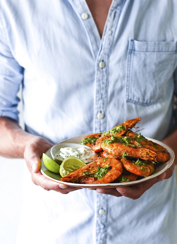 Tandoori-style prawns with green chutney and raita