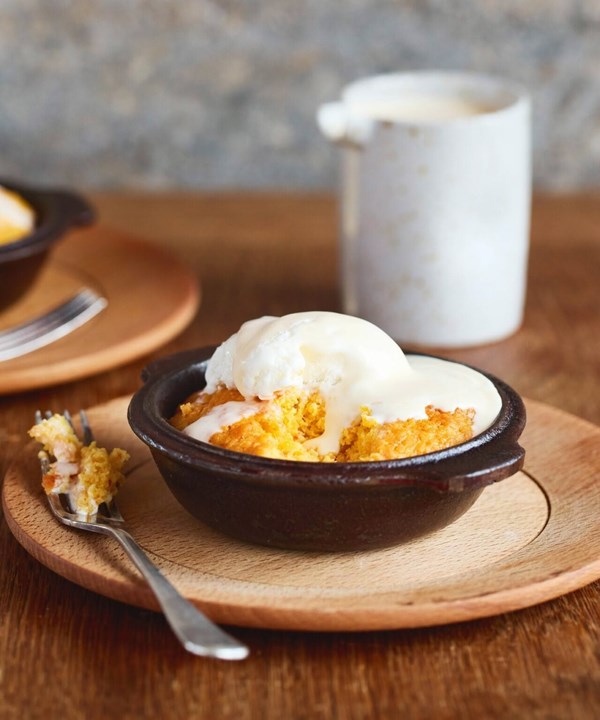 Tangelo pudding with rosemary crème Anglais
