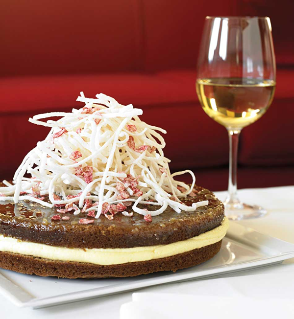 Tangerine layer cake with crunchy candied rice noodles