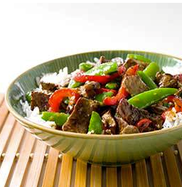 Tangerine stir-fried beef with onion and snow peas