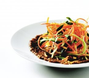 Tangle of raw vegetables with smoky eggplant, vadouvan, and lemon-yogurt dressing