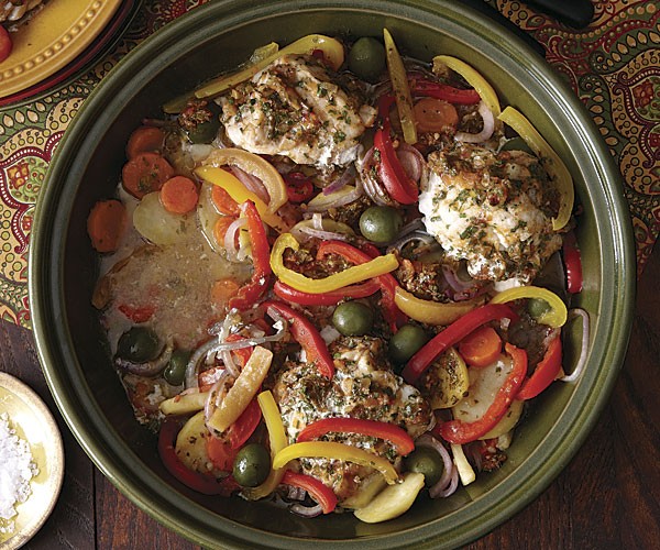 Tangy fish tagine with preserved lemons, olives, and vegetables