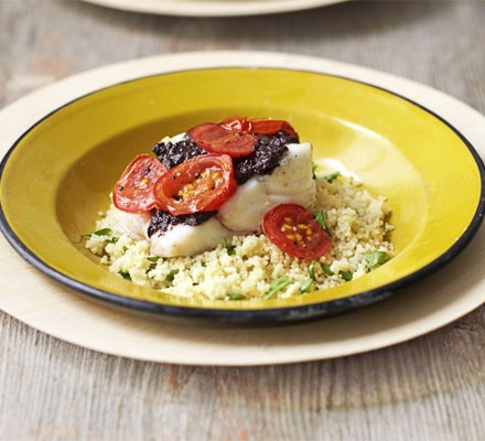 Tapenade and tomato roast fish