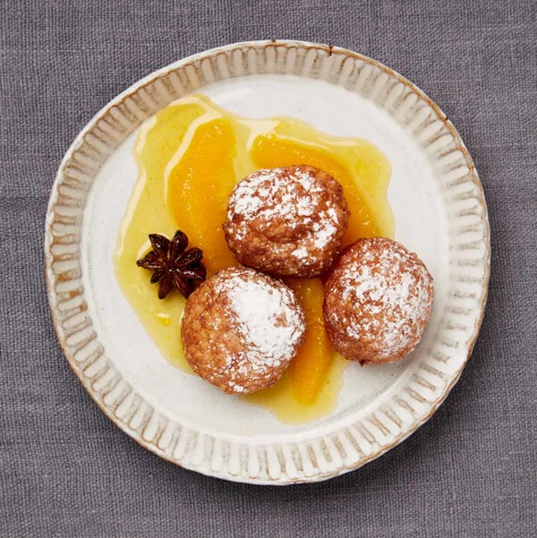 Tapioca fritters with orange syrup and star anise