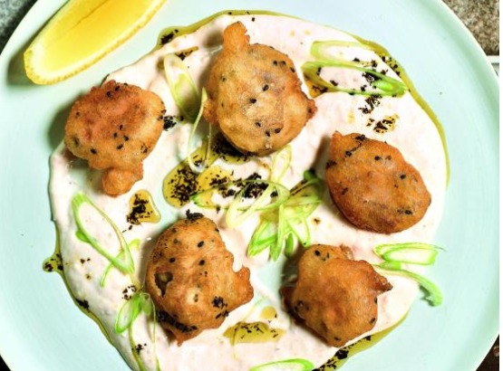 Tarama with fried mussels & mint oil