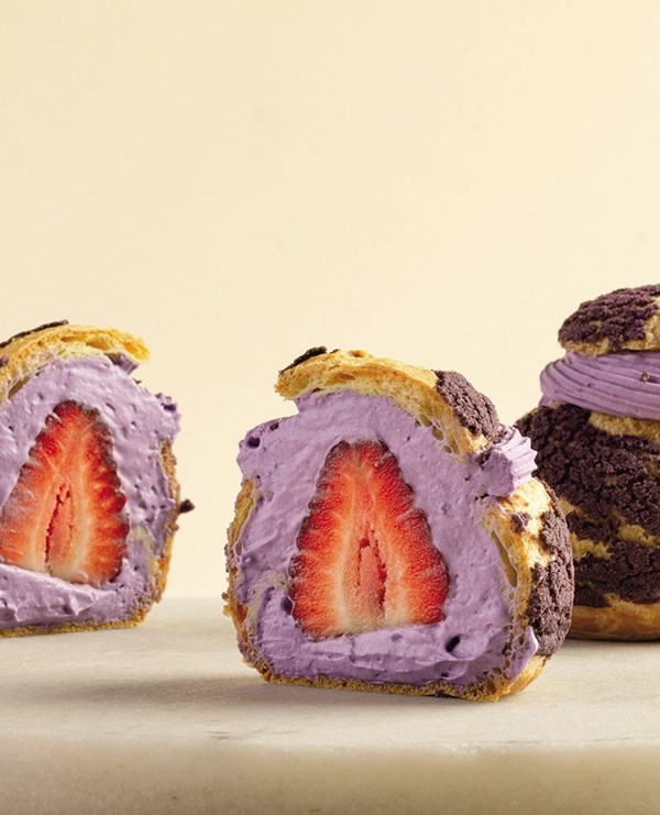Taro and strawberry choux buns