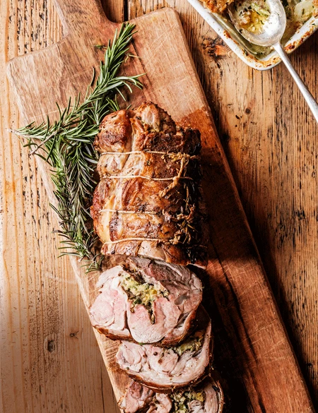 Tarragon and anchovy stuffed lamb shoulder with fennel and bone marrow crumble (George Williams)