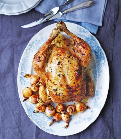 Tarragon and mustard chicken with potato stuffing and baby turnips