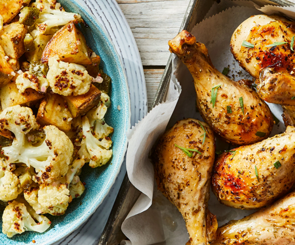 Tarragon chicken drumsticks with roasted cauliflower & potato salad