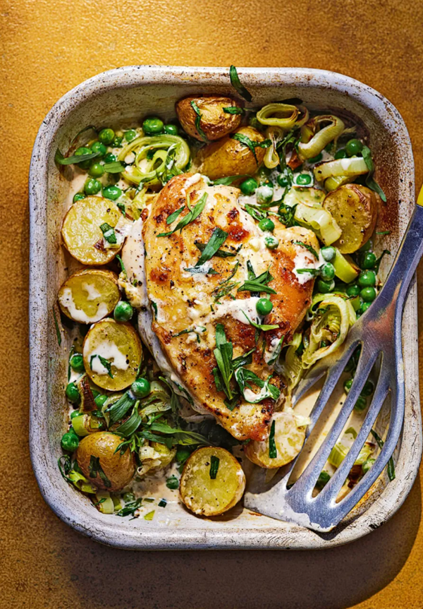 Tarragon chicken with leeks, peas + potatoes