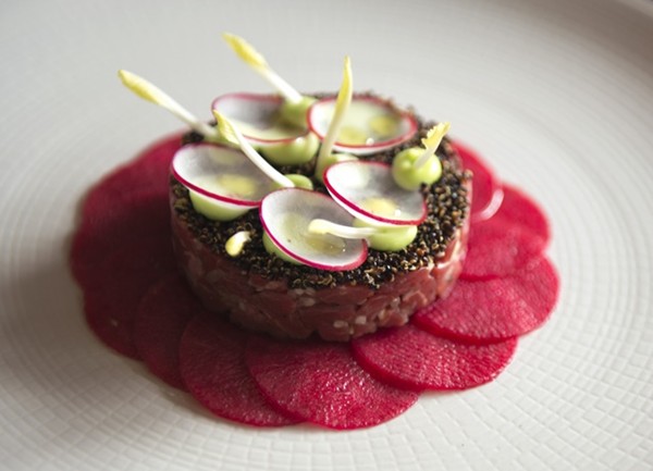 Tartare of dry aged Irish beef prime fillet, pickled radish, wasabi, quinoa