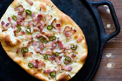 Tarte flambée with bacon and jalapeños
