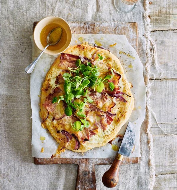 Tarte flamée with Comté and watercress salad