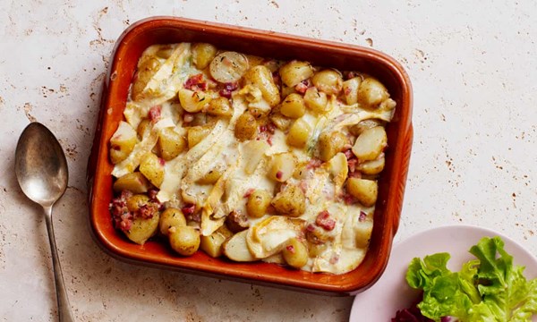 Tartiflette with Jersey Royals and pancetta