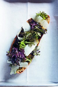 Tartine of mustard greens, Parmigiano-Reggiano, caramelized onions, and olive tapenade